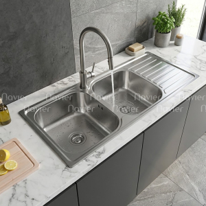 Chậu rửa chén 2 ngăn liền khay inox chuẩn 304 Navier NV-10545D304