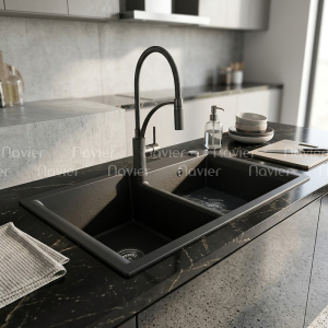 Chậu Rửa Chén Đá Nhân Tạo 2 Ngăn Lệch Đen Navier NV-8246HD