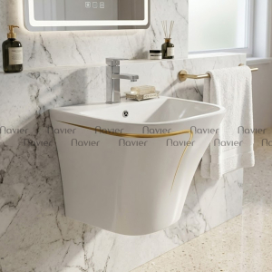 Chậu lavabo liền khối vuông treo tường trắng viền vàng Navier NV-422V