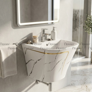 Chậu lavabo liền khối vuông treo tường vân mây viền vàng Navier NV-422VM
