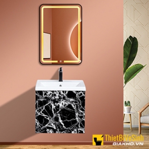 Bộ Tủ Chậu Lavabo PVC Đen Vân Đá Gương LED  Navier NV-507D