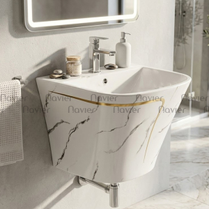 Chậu lavabo liền khối vuông treo tường vân mây viền vàng Navier NV-422VM