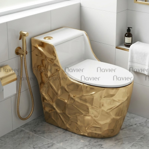Bồn Cầu 1 Khối Vàng Nắp Trắng Nút Xả Lệch Navier Nv-1033NT