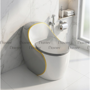 Bồn Cầu Trứng Trắng Xám Viền Vàng Cao Cấp Navier NV-1035TX