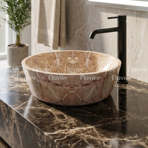 Chậu Lavabo Đá Tự Nhiên Hồng Ý Dáng Tròn Dày Cao Cấp Navier NV-BST30