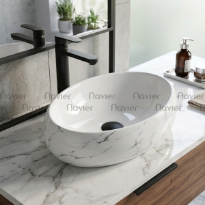 Chậu Lavabo Đặt Bàn Oval Trắng Vân Mây Navier NV-419VM