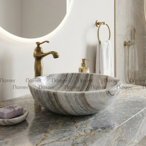 Chậu Lavabo Đá Tự Nhiên Trắng Vân Nâu Dáng Tròn Mỏng Cao Cấp Navier NV-BST12