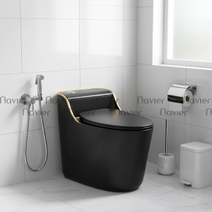 Bồn Cầu 1 Khối Đen Viền Vàng Nút Lệch Navier NV-1030D