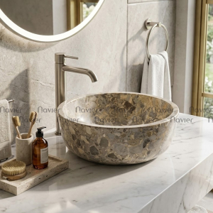 Chậu Lavabo Đá Tự Nhiên Ghi Thanh Hóa Dáng Tròn Dày Cao Cấp Navier NV-DK41