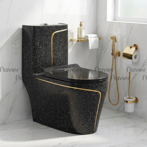 Bồn Cầu 1 Khối Đen Kim Sa Viền Vàng Cao Cấp Navier NV-1008DKV
