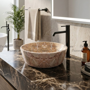 Chậu Lavabo Đá Tự Nhiên Hồng Ý Dáng Tròn Dày Cao Cấp Navier NV-BST30