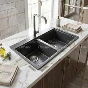 Chậu Rửa Chén Đá 2 Ngăn Lệch Đen Navier NV-7947D