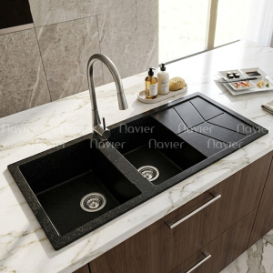 Chậu rửa chén đá nhân tạo 2 hộc đen có cánh Navier NV-11148D