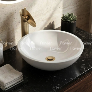 Chậu Lavabo Đá Tự Nhiên Trắng Sữa Dáng Tròn Mỏng Cao Cấp Navier NV-BST90