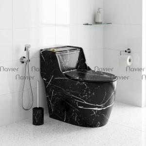 Bồn Cầu 1 Khối Đen Vân Mây Nút Lệch Navier NV-1029D