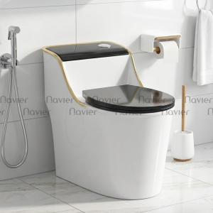 Bồn Cầu 1 Khối Nắp Đen Nút Lệch Viền Vàng Navier NV-1013TD