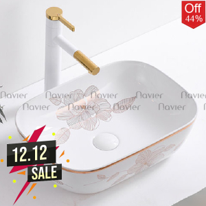 Chậu Lavabo Đặt Bàn Vuông Giác Cạnh Viền Vàng Họa Tiết Hoa Navier NV-435H