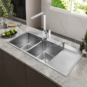 Chậu chén 2 ngăn đều liền khay inox 304 chuẩn 100% Navier NV-12050C304