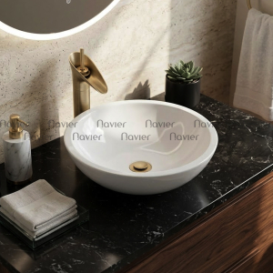 Chậu Lavabo Đá Tự Nhiên Trắng Sữa Dáng Tròn Mỏng Cao Cấp Navier NV-BST90
