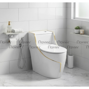 Bồn Cầu 1 Khối Trắng Viền Vàng Nút Xả Lệch Navier NV-1059
