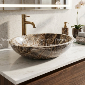 Chậu Lavabo Đá Tự Nhiên Vàng Rừng Dáng Tròn Mỏng Cao Cấp Navier NV-BST72