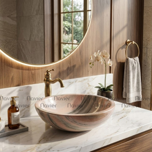 Chậu Lavabo Đá Tự Nhiên Hồng Vân Mây Dáng Tròn Mỏng Cao Cấp Navier NV-HMTNK