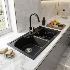 Chậu Rửa Chén Đá 2 Hộc Lệch Đen Nhập Khẩu NV-7844