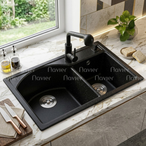 Chậu rửa chén đá nhân tạo 2 hộc lệch đen Navier NV-7845LD