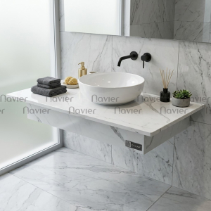 Bàn Đá Lavabo 1 Tầng Đá Nhân Tạo Trắng Vân Đá Chống Trầy Navier NV-497T
