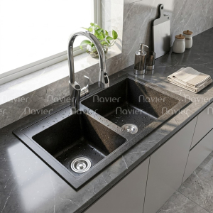 Chậu rửa chén đá nhân tạo 2 hộc lệch đen Navier NV-8548LD