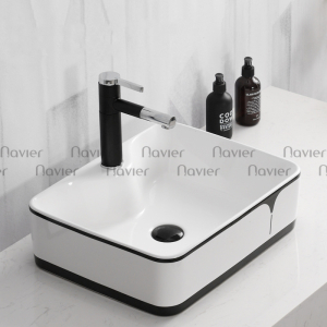 Chậu rửa mặt Đặt Bàn Sứ Trắng Viền Đen Cao Cấp Navier NV-434VD