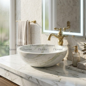 Chậu Lavabo Đá Tự Nhiên Onyx trắng Alaska Vân Xanh Dáng Tròn Mỏng Navier NV-ON81 