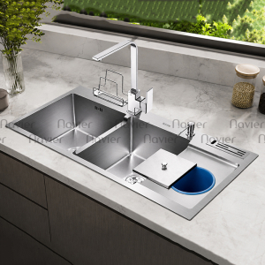 Chậu chén 2 ngăn liền khay có hố rác inox 304 chuẩn 100% Navier NV-10048RDTKS