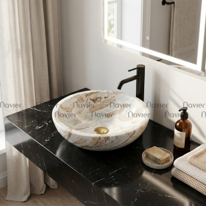 Chậu Lavabo Đá Tự Nhiên Trắng Torento Ấn Độ Dáng Tròn Mỏng Navier NV-TTA01