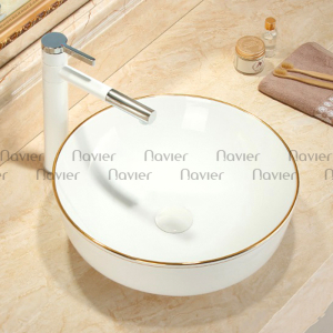 Chậu lavabo đặt bàn tròn sứ trắng viền vàng Navier NV-339