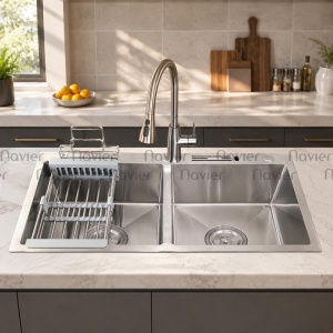 Chậu Rửa Chén 2 Ngăn Kèm Hộc Vắt Dao Inox Cao Cấp Không Sơn Navier NV-8350DTKS