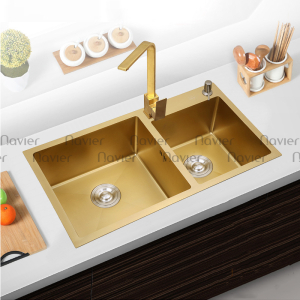 Chậu chén 2 ngăn lệch inox304 chuẩn 100% phủ nano vàng Navier NV-8245LV304