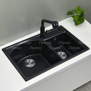 Chậu rửa chén đá nhân tạo 2 hộc lệch đen Navier NV-7845LD