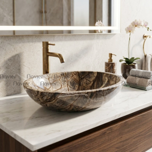 Chậu Lavabo Đá Tự Nhiên Vàng Rừng Dáng Tròn Mỏng Cao Cấp Navier NV-BST72