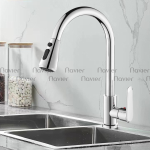 Vòi chén nóng lạnh thân tròn cong đầu rút tay dẹp inox304 Navier NV-231B