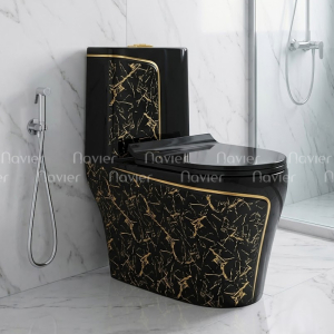 Bồn Cầu 1 Khối Đen Viền Vàng Họa Tiết Hoa Văn Cao Cấp Navier NV-1008DHV