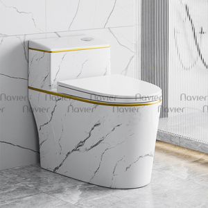 Bồn cầu 1 khối két nước thấp nút lệch men trắng vân mây viền vàng Navier NV-1004VM