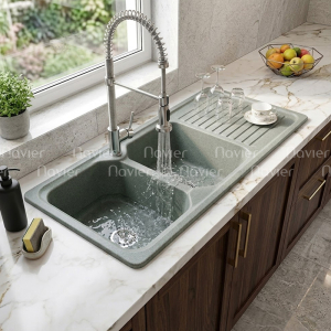Chậu rửa chén đá nhân tạo 2 hộc đều nhau có cánh Navier NV-11447T