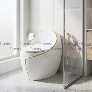 Bồn Cầu Khối Trứng Trắng Viền Vàng Cao Cấp Navier NV-1093VV