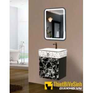Bộ Tủ Chậu Lavabo PVC Đen Vân Đá Kèm Gương LED NV-554D