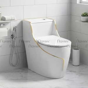 Bồn Cầu 1 Khối Trắng Viền Vàng Nút Xả Lệch Navier NV-1059