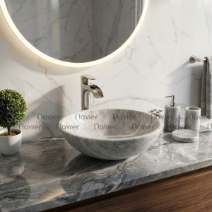 Chậu Lavabo Đá Tự Nhiên Tím Vân Gỗ Dáng Tròn Mỏng Cao Cấp Navier NV-BST37