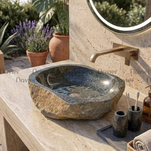 Chậu Lavabo Tròn Đá Cuội Nguyên Khối Navier NV-DC007